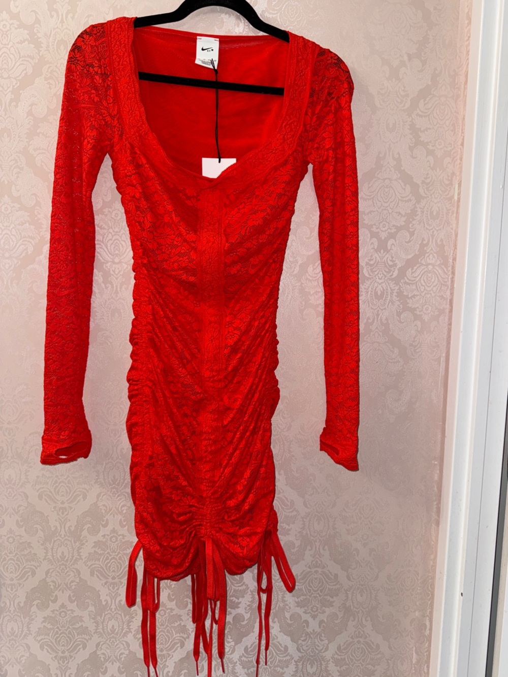 Nike Orange Riccardo Tisci Ruched Lace Long-Sleeve Bodycon Dress - Women
